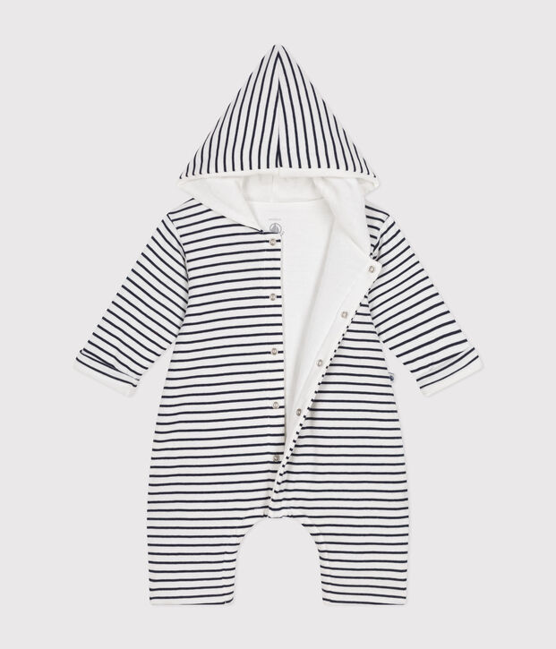 Babies' quilted cotton hooded jumpsuit white/blue