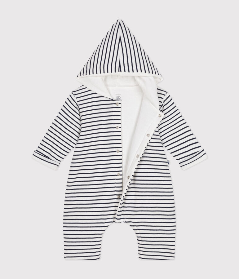 Babies' quilted cotton hooded jumpsuit MARSHMALLOW white/SMOKING blue