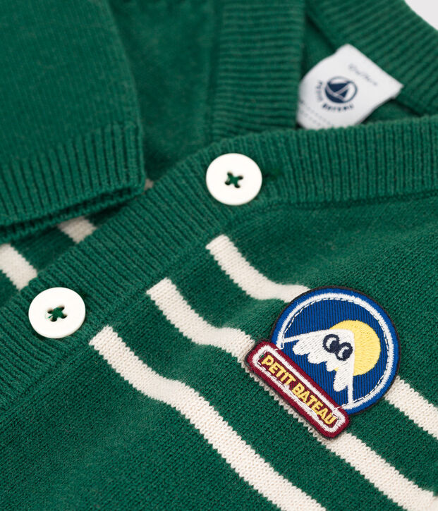 Babies' stripy wool and cotton knit cardigan green/ecru