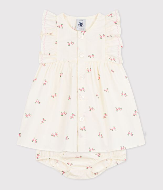 Babies' cotton baby dress with bloomers, printed with flowers Ecru/multicolor