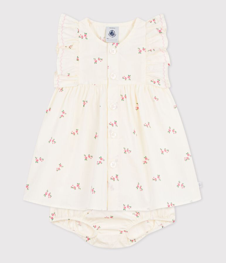 Babies' cotton baby dress with bloomers, printed with flowers Ecru/multicolor