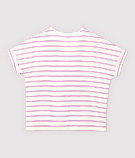 Women's Stripy Linen and Cotton Blend T-Shirt MARSHMALLOW white/BOHEME pink