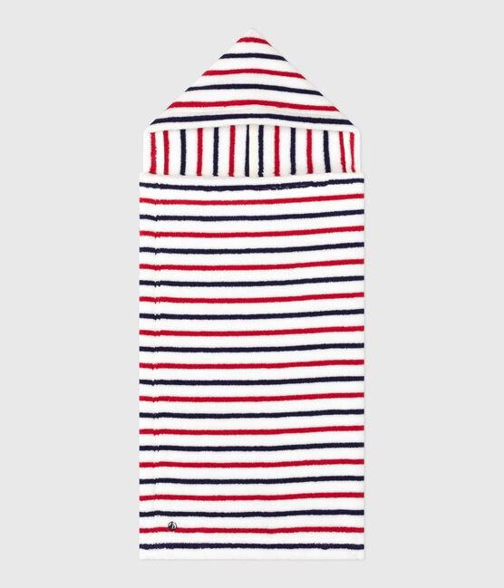 Babies' stripy printed terry towelling bath cape MARSHMALLOW white/MULTICO white