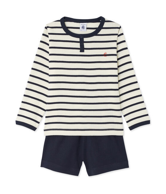 Teenage boys' three-piece pyjama set COQUILLE beige/SMOKING blue