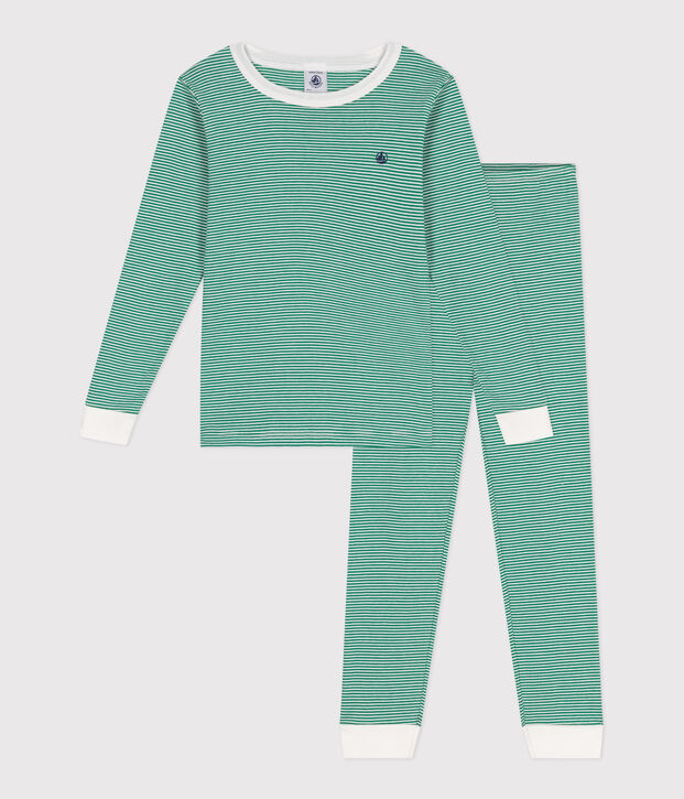 Children's snug-fitting stripy cotton pyjamas green/white