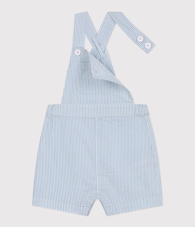 Babies' short-legged stripy cotton dungarees blue/blue