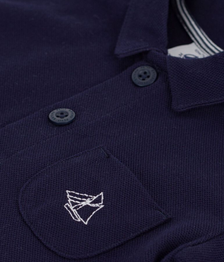 Babies' short plain cotton jumpsuit with a polo collar blue