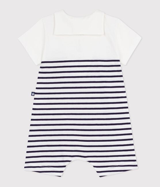 Babies' short stripy cotton playsuit with a sailor collar MARSHMALLOW blue/SOIR