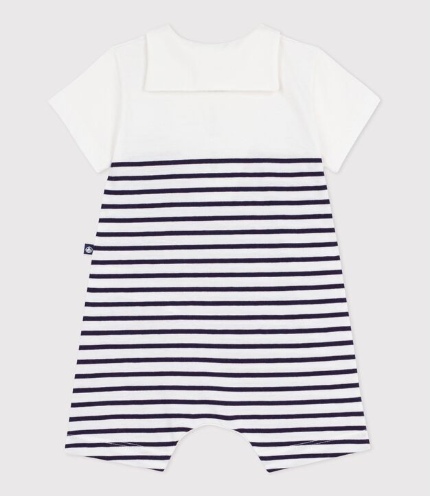 Babies' short stripy cotton playsuit with a sailor collar blue/blue