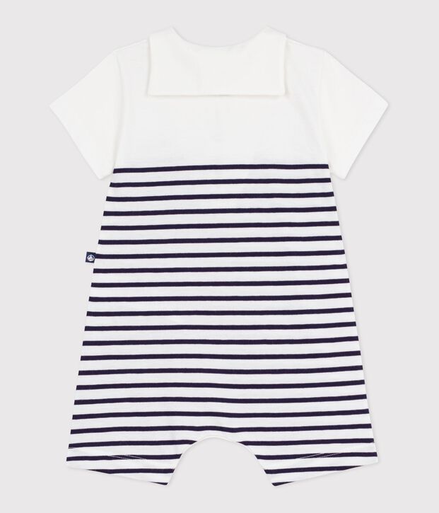 Babies' short stripy cotton playsuit with a sailor collar blue/blue
