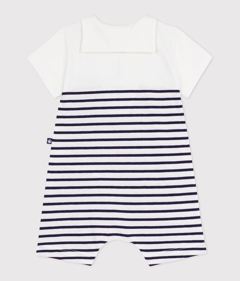 Babies' short stripy cotton playsuit with a sailor collar white/blue