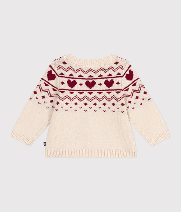 Babies' heart-pattern wool and cotton knit cardigan Ecru/red