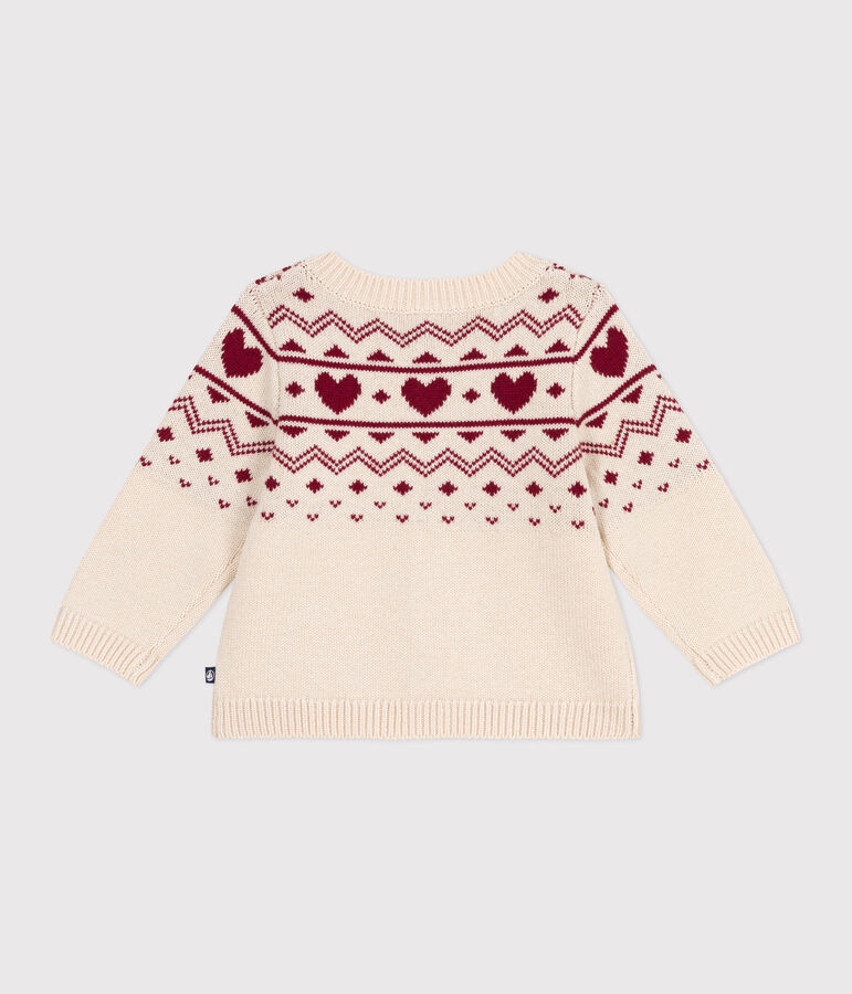 Babies' heart-pattern wool and cotton knit cardigan Ecru/red