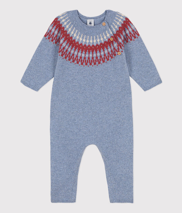 Babies' Patterned Knit Wool/Cotton Jumpsuit blue/multicolor