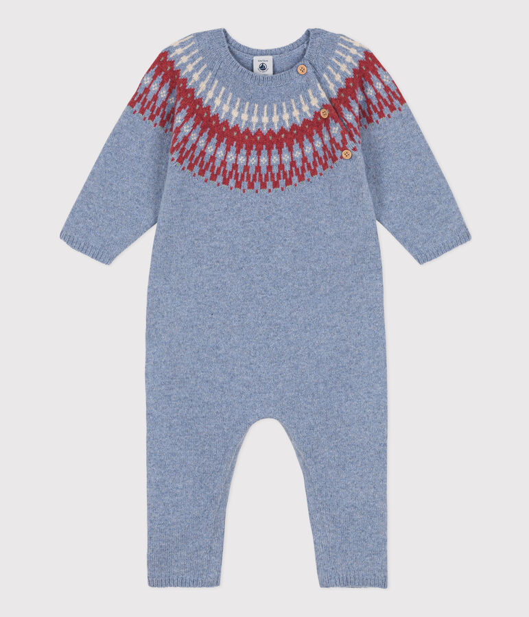 Babies' Patterned Knit Wool/Cotton Jumpsuit blue/multicolor