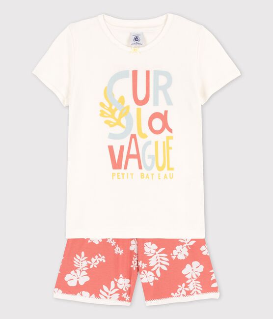 Girls' Pink Hawaiian Cotton Short Pyjamas MARSHMALLOW white/PAPAYE