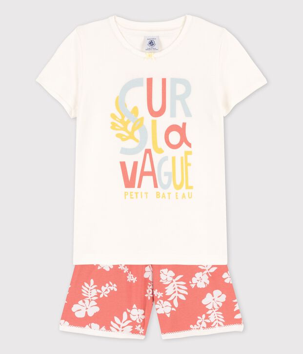 Girls' Pink Hawaiian Cotton Short Pyjamas white/pink