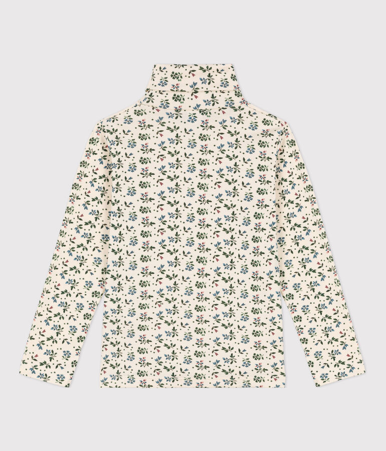 Girls' Floral Print Cotton Polo Neck Ecru/green/multicolor