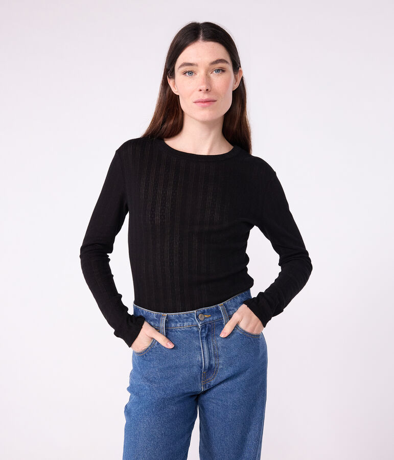 Women's Iconic long-sleeved openwork cotton T-shirt black