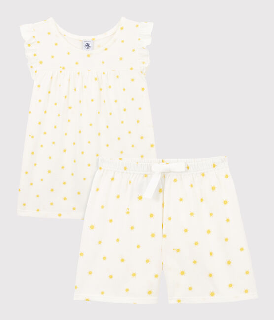 Girls' Sun Themed Cotton Short Pyjamas MARSHMALLOW white/ORGE