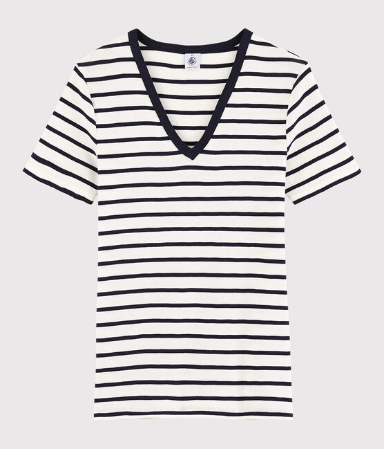 Women's Iconic V-Neck Striped Cotton T-Shirt MARSHMALLOW white/SMOKING blue
