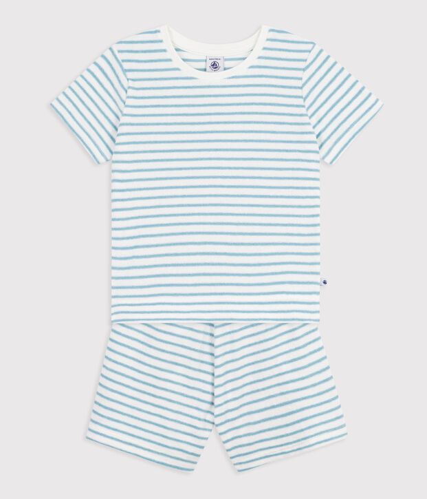 Children's short stripy cotton terry pyjamas white/green