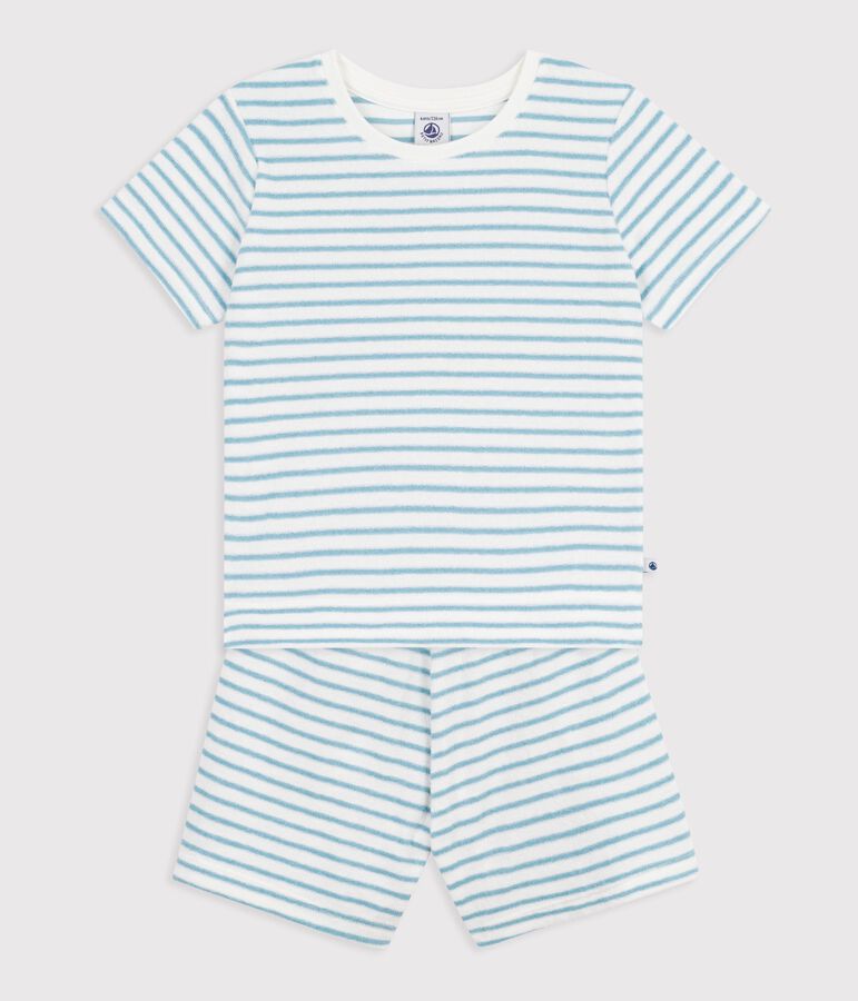 Children's short stripy cotton terry pyjamas white/green