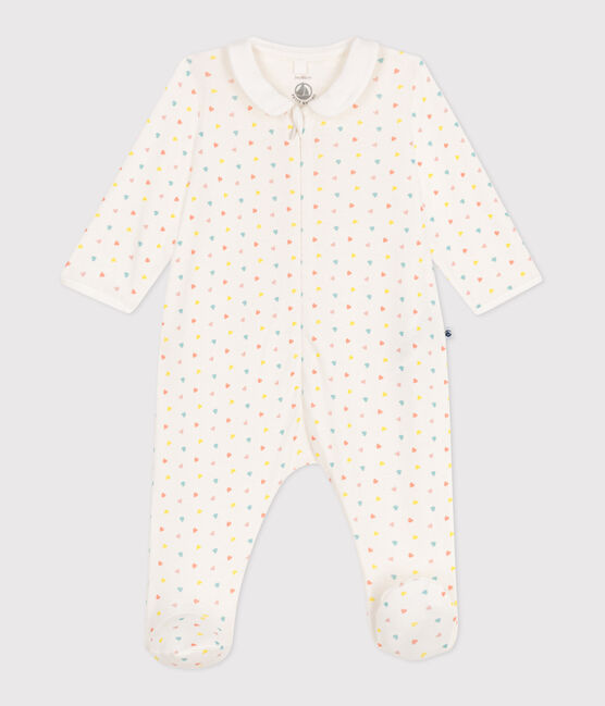 Babies' heart pattern cotton pyjamas with a collar and zip  MARSHMALLOW white/MULTICO white