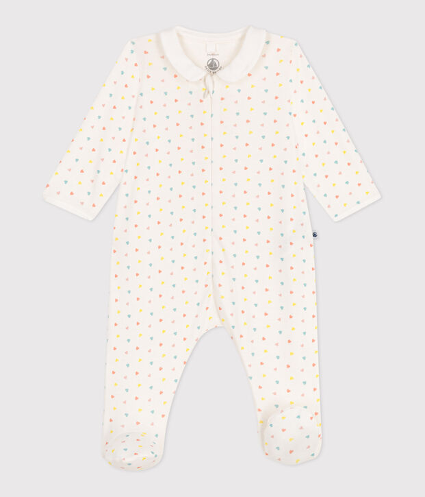 Babies' heart pattern cotton pyjamas with a collar and zip white/multicolor