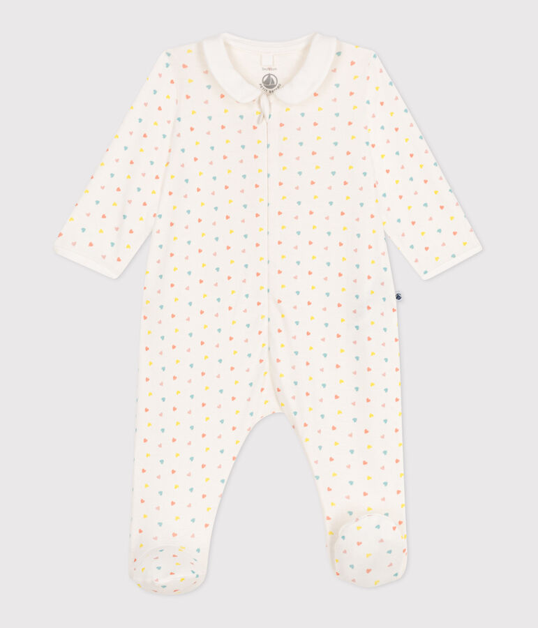 Babies' heart pattern cotton pyjamas with a collar and zip white/multicolor
