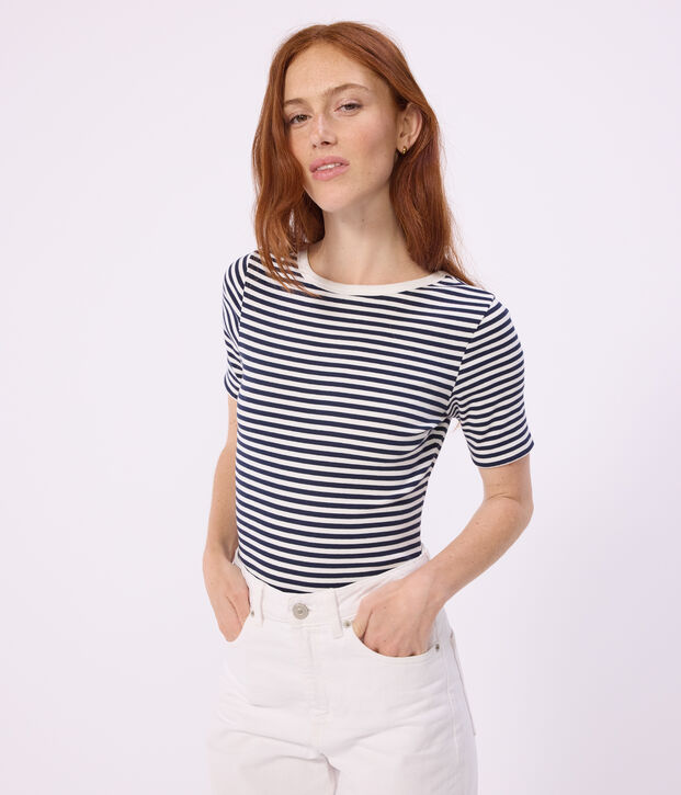 Women's short-sleeved stripy cotton body blue/white