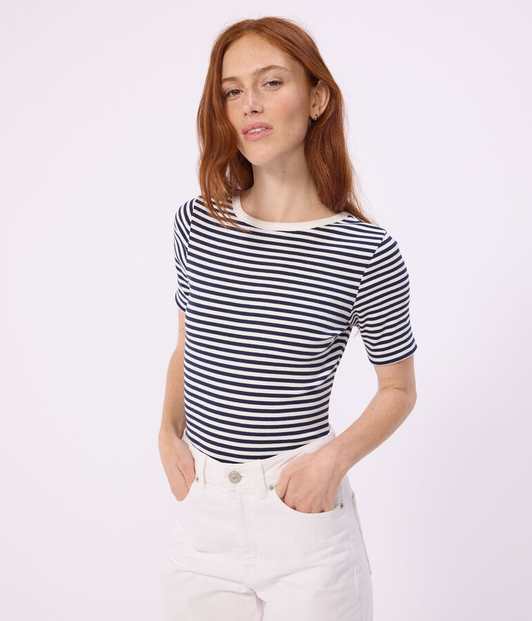 Women's short-sleeved stripy cotton body blue/white