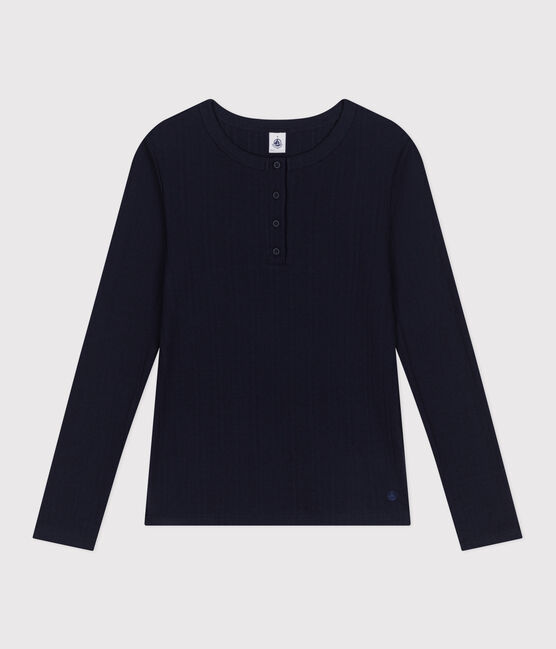 Women's plain drop needle rib knit t-shirt with long sleeves and a grandad neckline SMOKING blue