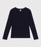 Women's plain drop needle rib knit t-shirt with long sleeves and a grandad neckline SMOKING blue