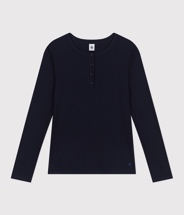 Women's plain drop needle rib knit t-shirt with long sleeves and a grandad neckline blue