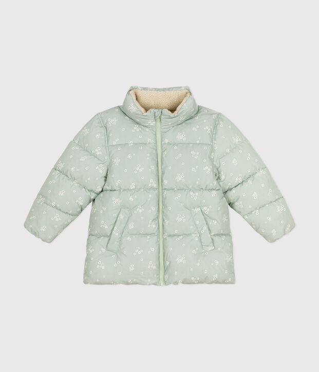 Girls' puffer jacket with a retractable hood green/multicolor