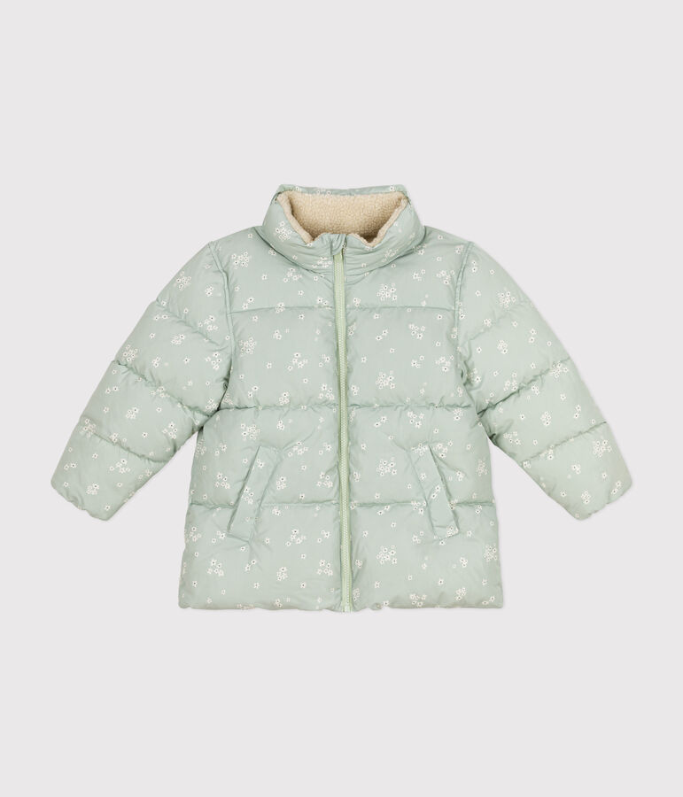 Girls' puffer jacket with a retractable hood HERBIER green/MULTICO white