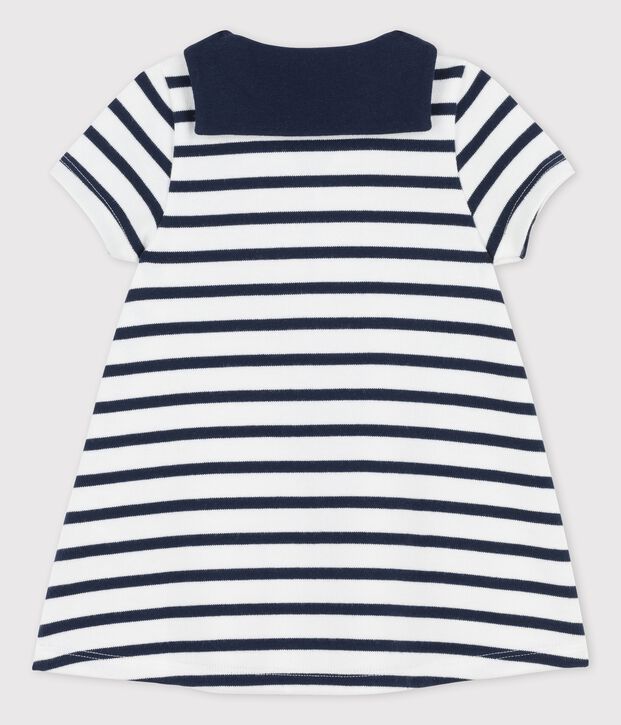 Babies' Thick Organic Jersey Dress With Open Collar white/blue