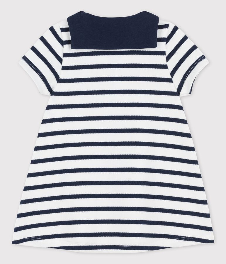 Babies' Thick Organic Jersey Dress With Open Collar white/blue