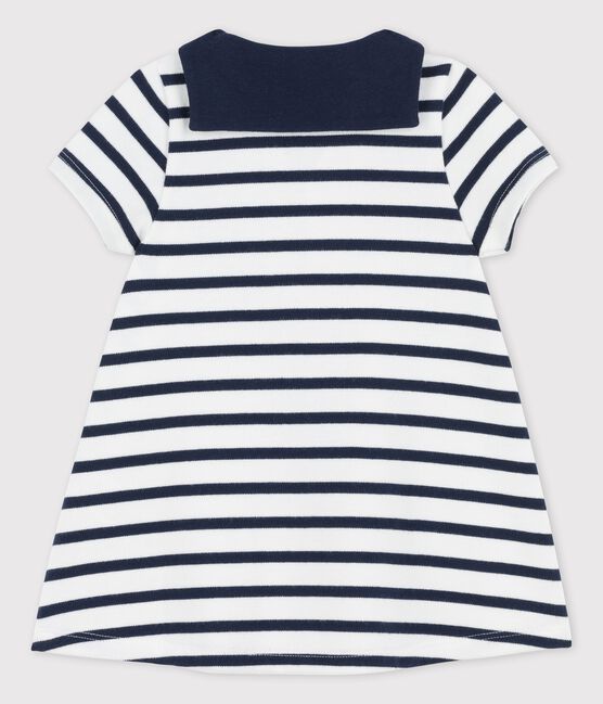 Babies' Thick Organic Jersey Dress With Open Collar MARSHMALLOW white/SMOKING blue