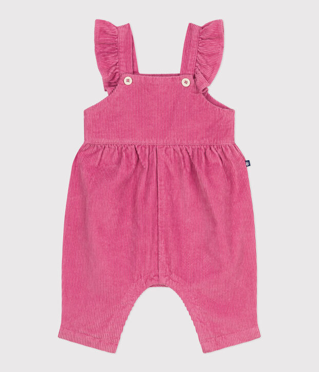 Babies' dungarees in plain corduroy with ruffles and long legs pink