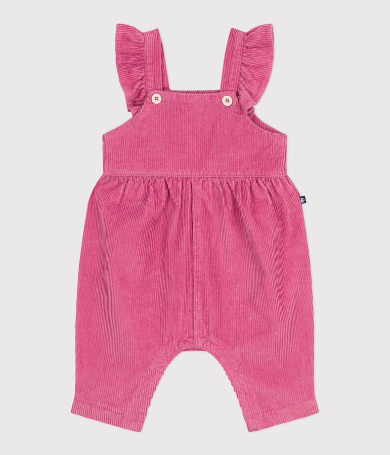 Babies' dungarees in plain corduroy with ruffles and long legs pink