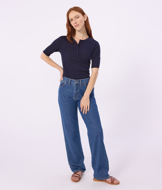 Women's short-sleeved plain cotton T-shirt SMOKING blue