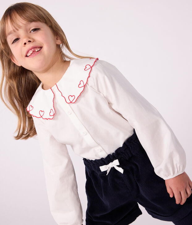 Children's long-sleeved plain cotton poplin blouse white