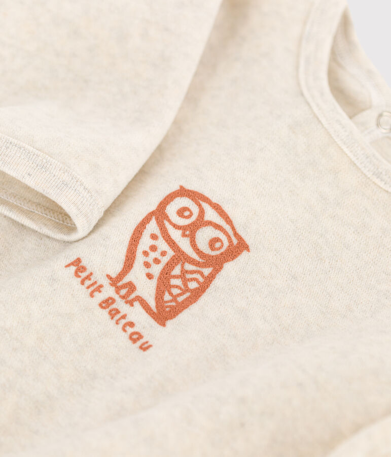 Babies' Owl Patterned Velour Sleepsuit beige