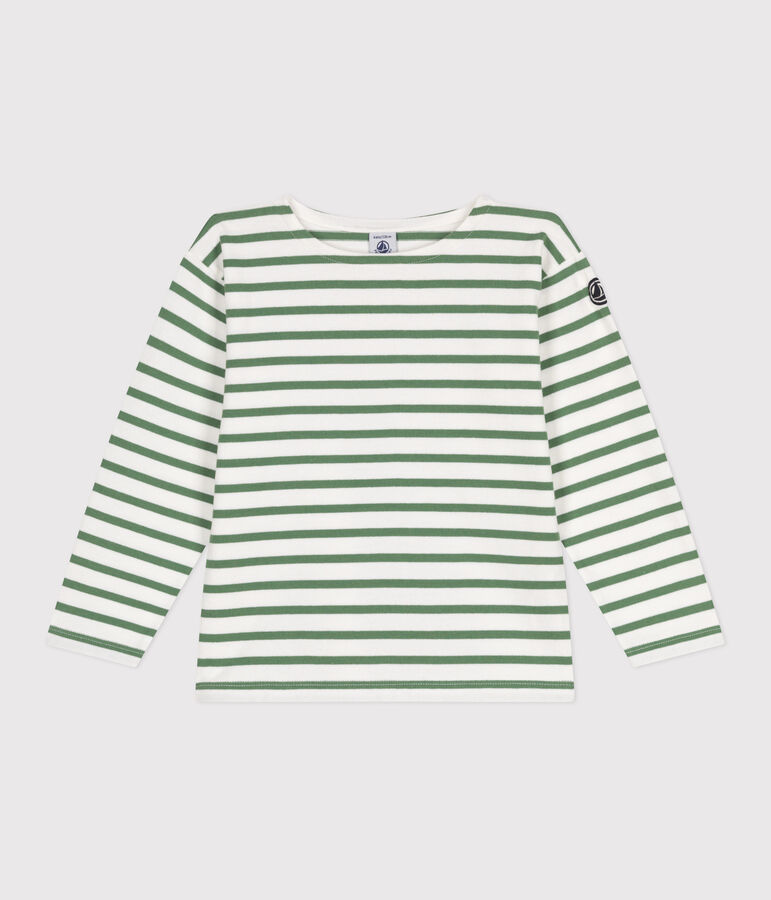 Children's unisex long-sleeved cotton Breton top white/green