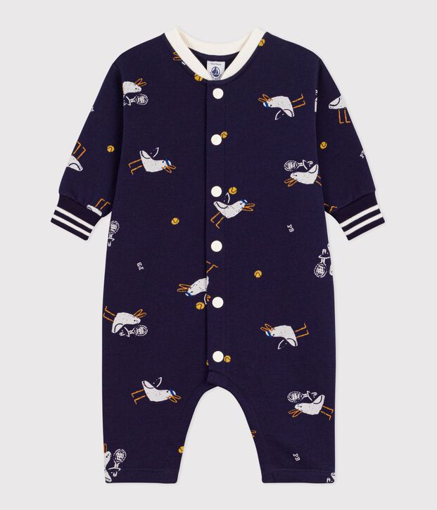 Babies' long seagull print cotton jumpsuit blue/multicolor