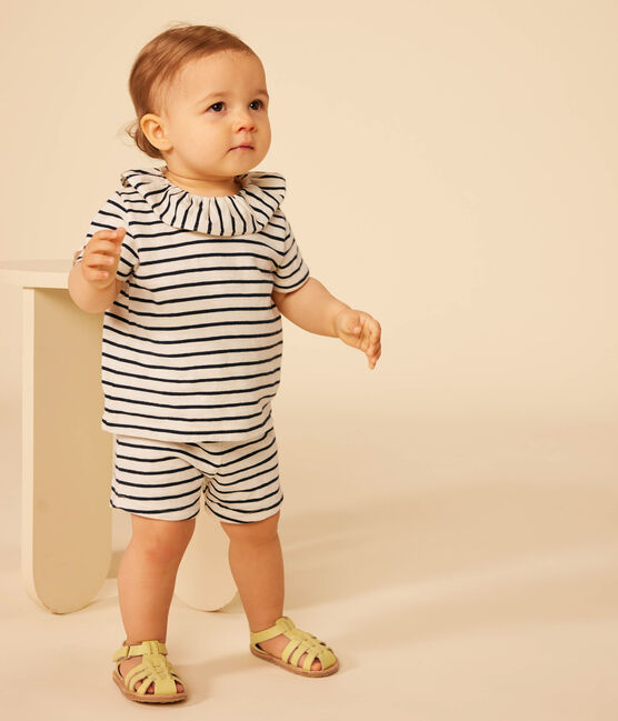 Babies' Short-Sleeved Jersey Blouse AVALANCHE white/SMOKING blue