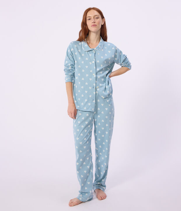 Women's buttoned printed cotton pyjamas green/white