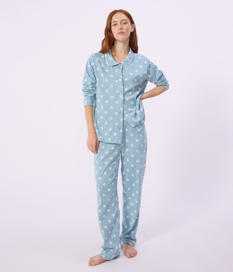 Women's buttoned printed cotton pyjamas green/white